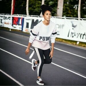 Puma Varsity Crewneck Sweatshirt with Front Letterman Logo in White & Pink